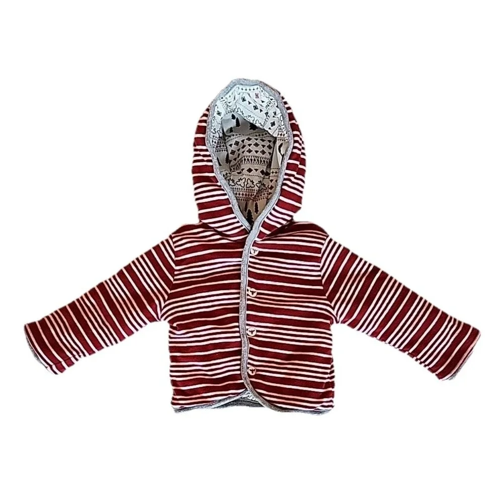 Burts Bees Reversible Hoodie Kids 3-6 Months Red Stripe Snap Winter Cozy Eco